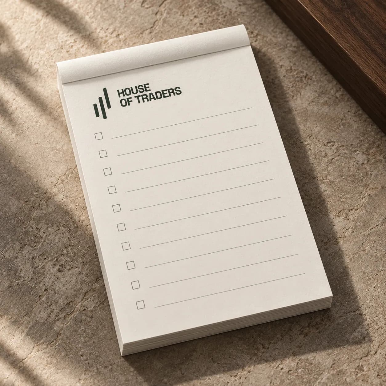 Trade Checklist Pad in Bone; illustrative product concept, not final material or stock