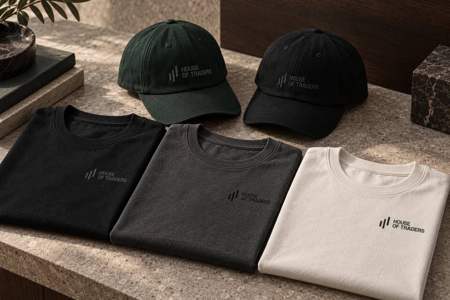 Obsidian, Graphite and Bone apparel with Market Green caps; collection concept