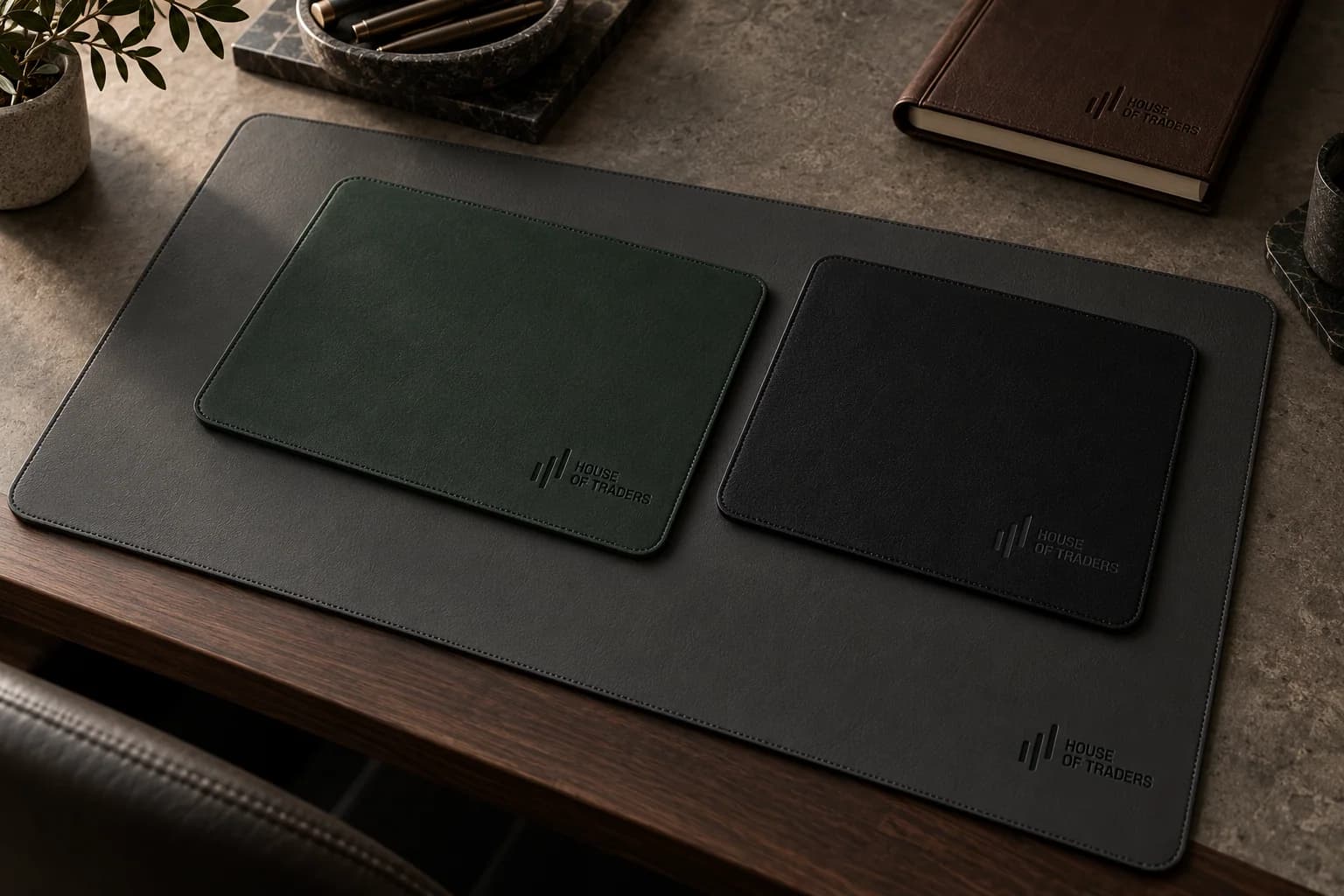 Graphite, Market Green and Obsidian desk-product concepts with Walnut material accents